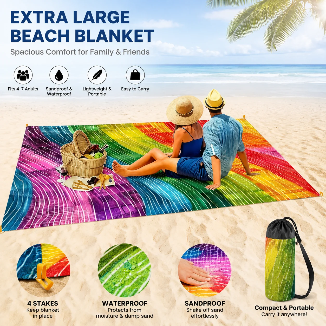 Outdoor Camping Rug Waterproof - 200x240cm Rainbow Beach Mat Sandproof Waterproof